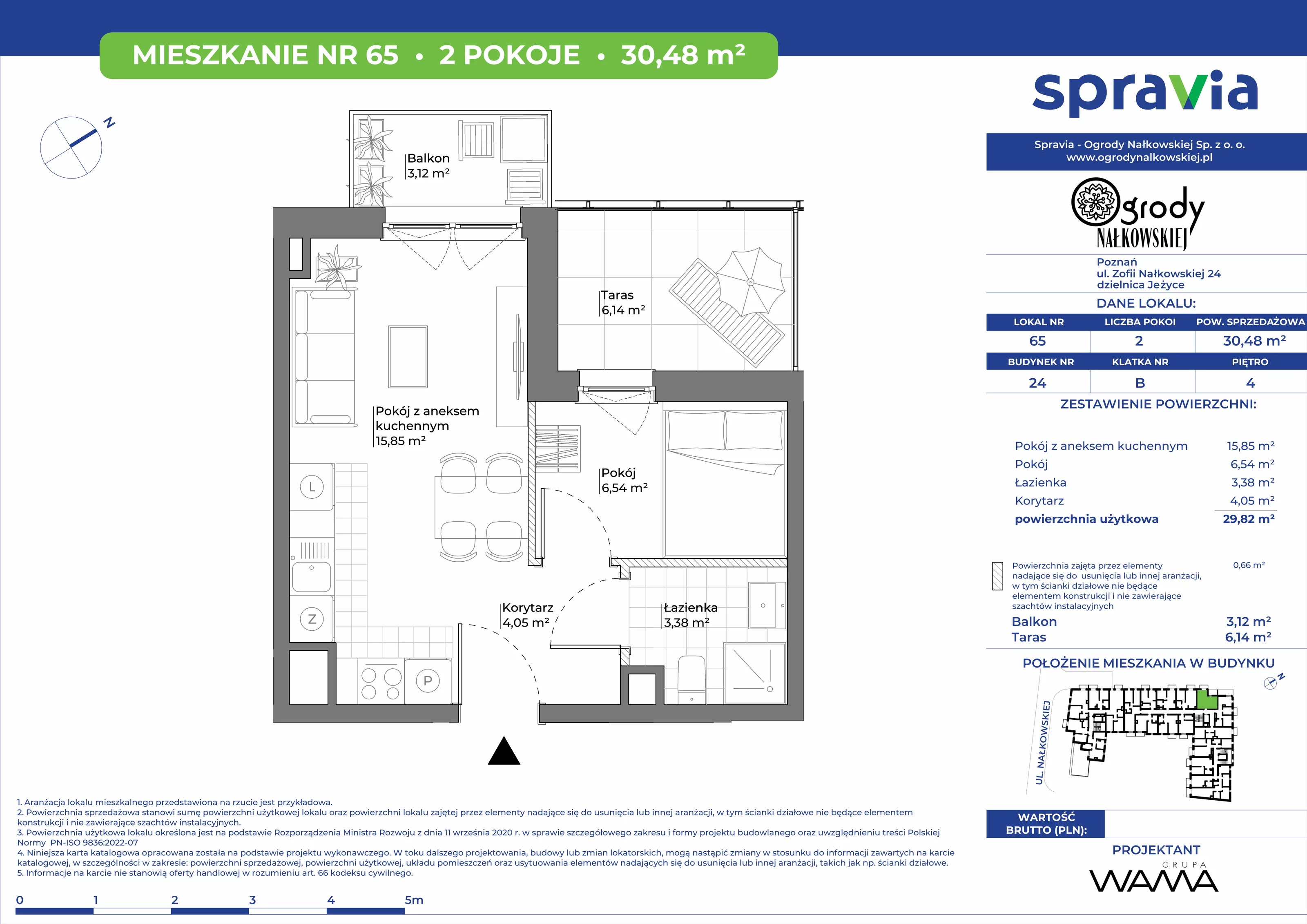 2 pokoje, mieszkanie 30,48 m², piętro 4, oferta nr 24-65, Ogrody Nałkowskiej, Poznań, Ogrody, ul. Nałkowskiej 24, 26